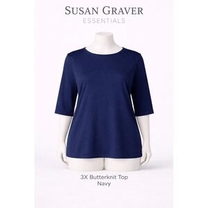 Susan Graver Essentials 3X Butterknit Top Navy Blue Elbow Sleeve A215099